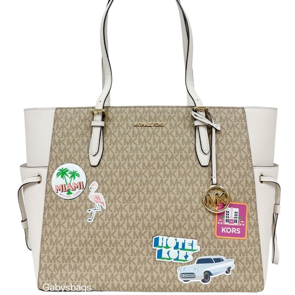 Michael Kors Gilly Large Drawstring Zip Tote Light Cream MK Signature - Picture 3 of 7